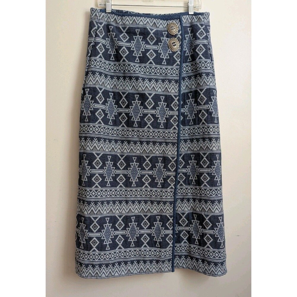 VTG Southwest Canyon Tapestry Wrap Skirt Aztec Blue Boho Cowgirl Concho M L READ